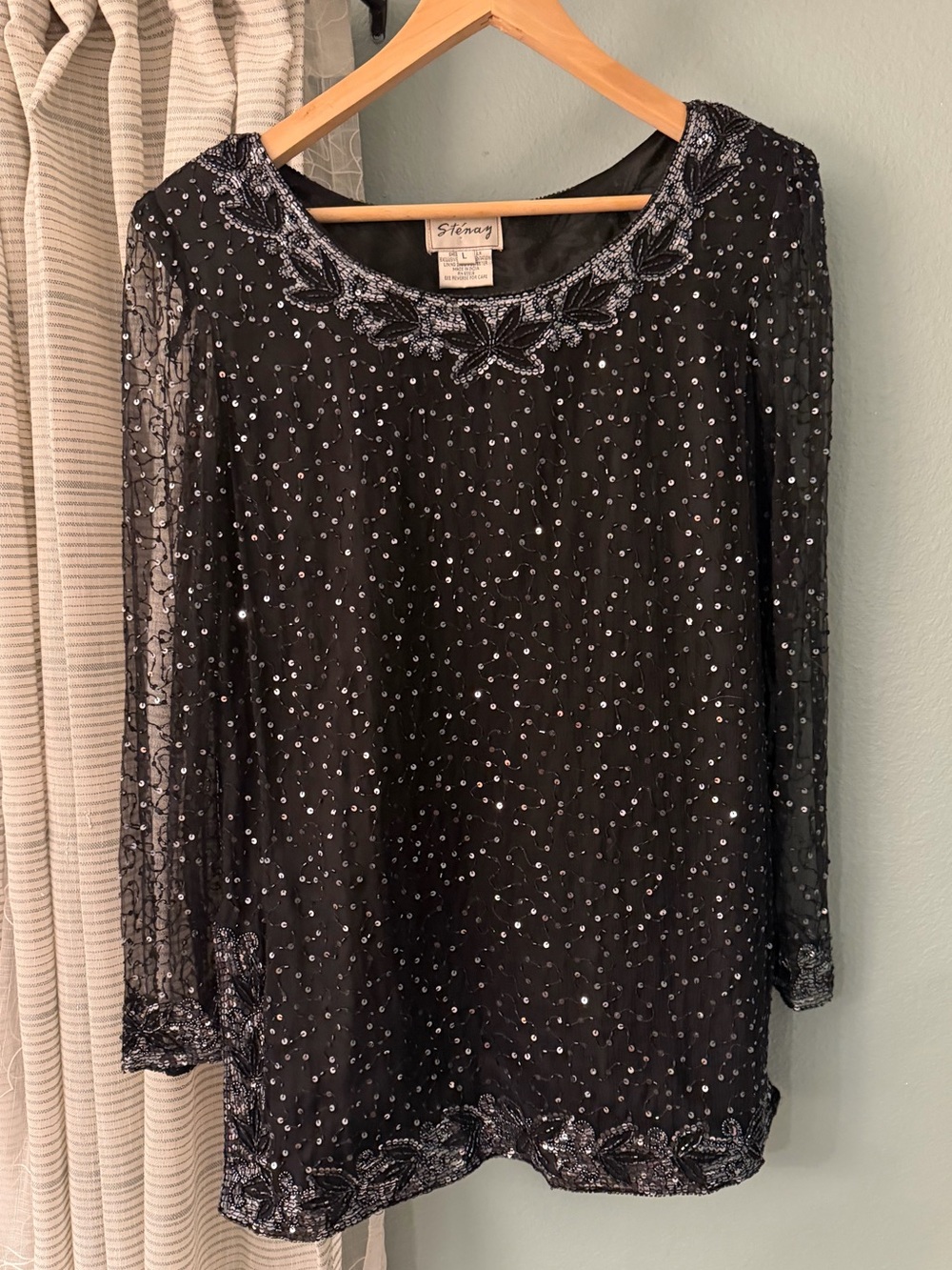 Stenay Black Beaded Long Sleeve Beaded Silk Women's Top L